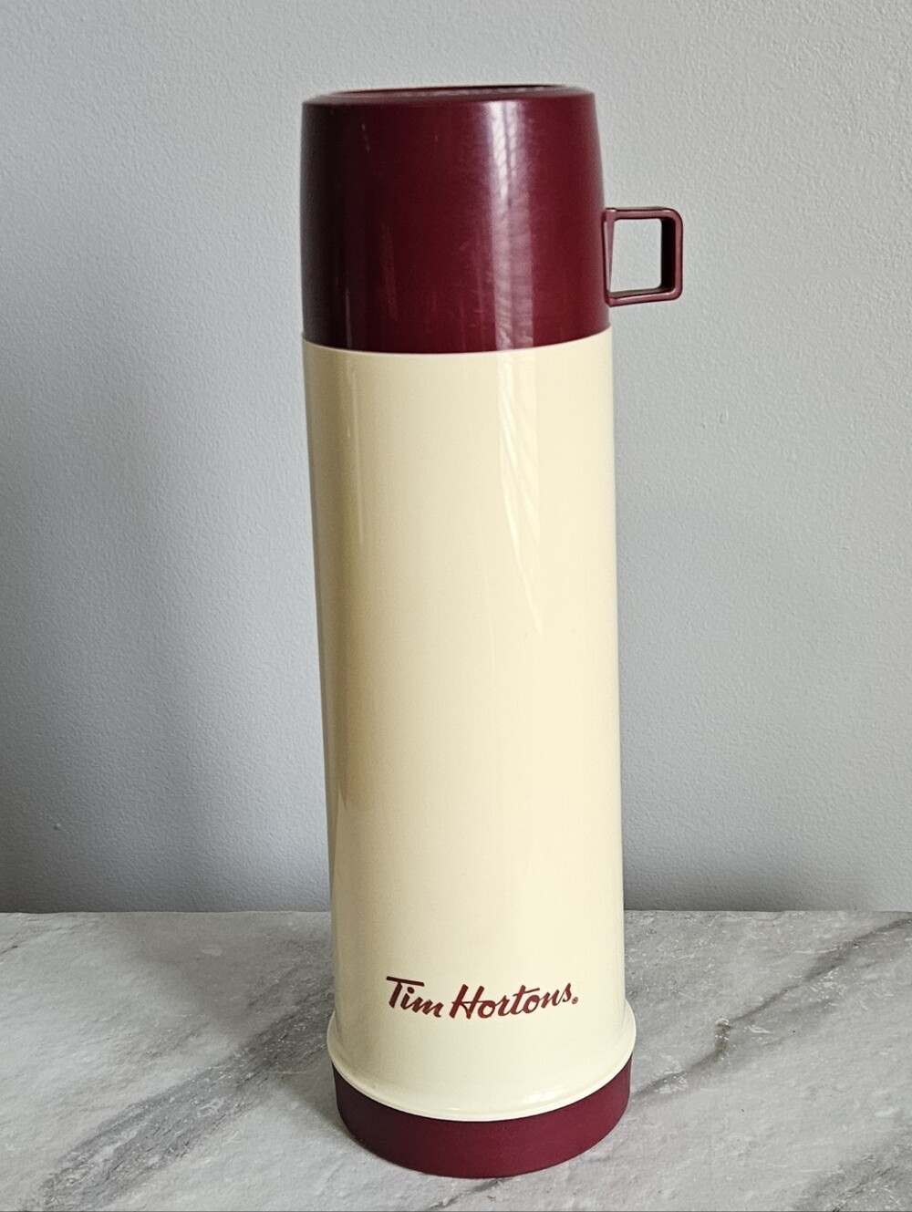 Vintage Tim Hortons Cream & Maroon Glass Lined Thermos 32oz Made In Canada